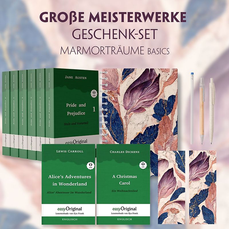 Große Meisterwerke Geschenkset - 8 Bücher (Hardcover+ Audio-Online) + Marmorträume Schreibset Basics