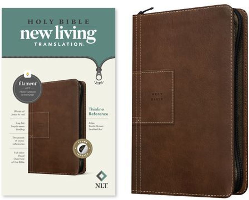 NLT Thinline Reference Zipper Bible, Filament Enabled (Leatherlike, Atlas Rustic Brown, Indexed, Red Letter)