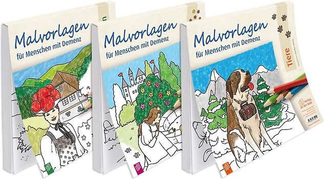 Paket "Malvorlagen für Menschen mit Demenz". Landschaften, Märchen, Tiere