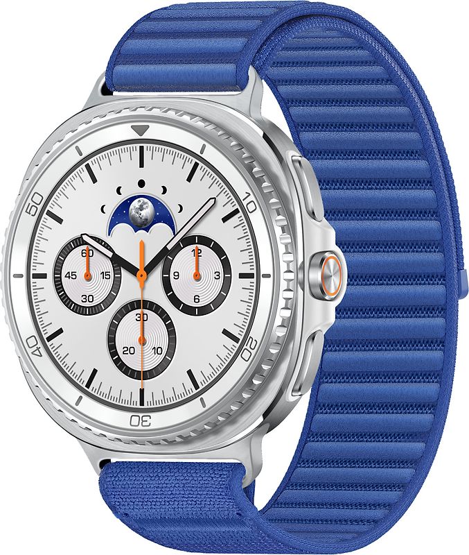 Samsung Galaxy Watch8 Classic 46 mm Boîtier aluminium blanc sur Confort M/L bleu nuit [Wi-Fi]