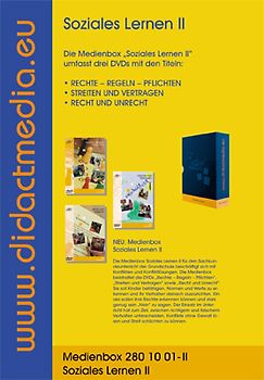 Medienbox "Soziales Lernen II"Recht und Unrecht", Streiten und Vertragen" sowie "Rechte Regeln Pflichten". Sie soll Kinder befähigen, Normen und Werte zu erkennen und ihr Verhalten danach auszurichten. Kinder sollen ihre Rechte erkennen können und stark genug sein "Nein"