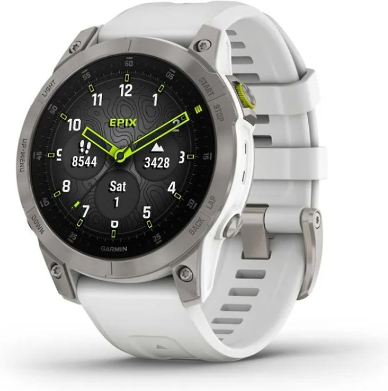 Garmin Epix (Gen 2) 47 mm blanc pierre/titane avec bracelet en silicone blanc [Wi-Fi, Sapphire Edition]