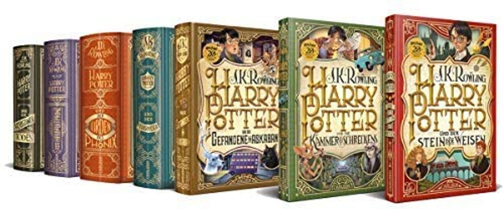 Harry Potter alle 7 Bände in der Jubiläumsausgabe (Hardcover) + 1 original Harry Potter Mix Button Badge Pack