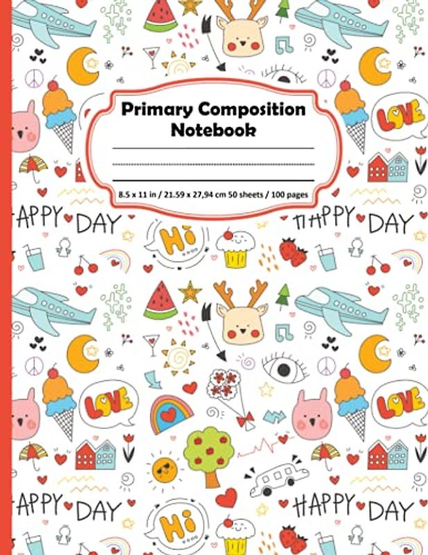Primary Composition Notebook: Preschool story writing journal with dotted midline and picture space for kids (Grades K-2 Handwriting Practice, Large 8.5 x 11 inch, 100 pages)