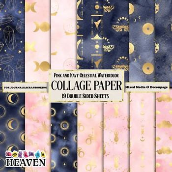 Pink & Navy Celestial Watercolor Collage Paper: Beautiful 19 Double Sided Paper For Collaging, Journaling, Scrapbooking, Decoupage & Mixed Media