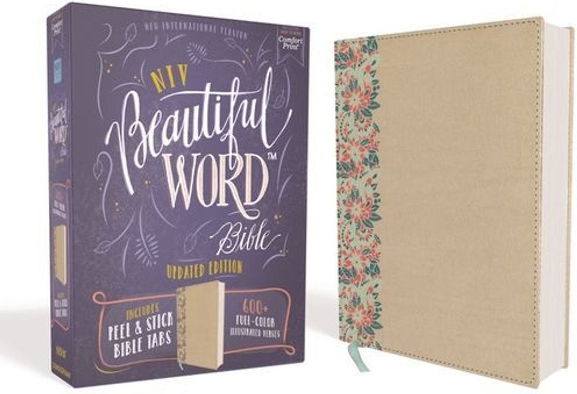 Niv, Beautiful Word Bible, Updated Edition, Peel/Stick Bible Tabs, Leathersoft Over Board, Gold/Floral, Red Letter, Comfort Print