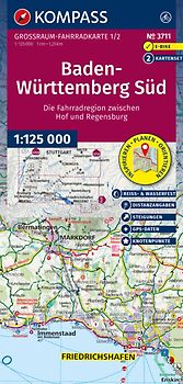 KOMPASS Großraum Fahrradkarte 3711 Baden-Württemberg Süd, die Fahrradregion vom Bodensee über das Allgäu bis zum Schwarzwald und der Schwäbischen Alb; mit Knotenpunkten 1:125.000