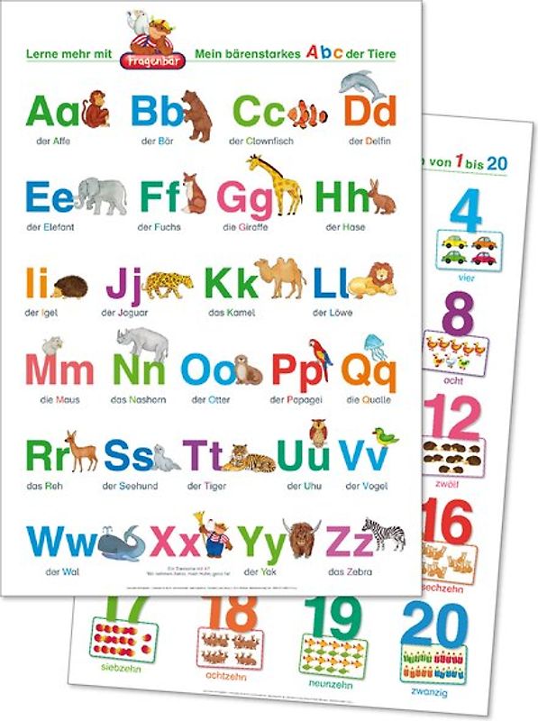 2 Fragenbär-Lernposter: Mein bärenstarkes ABC der Tiere + Zahlen und Mengen von 1 bis 20, L 70 x 100 cm. abwischbar, matt folienbeschichtet, gerollt