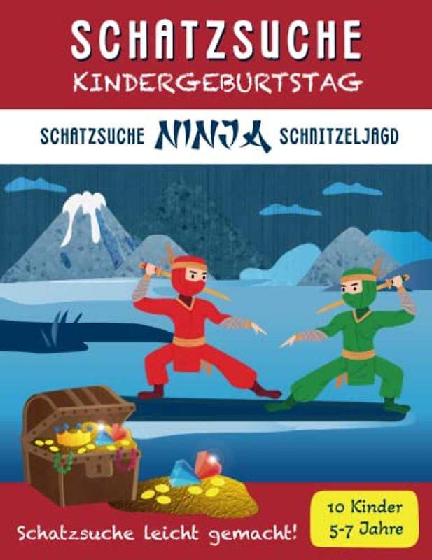 Schatzsuche Kindergeburtstag: Komplettset Ninja Schnitzeljagd: für 5-7 Jährige / bis zu 10 Kinder / Inkl. Einladungen, Schatzkarte, Rätseln & Urkunden