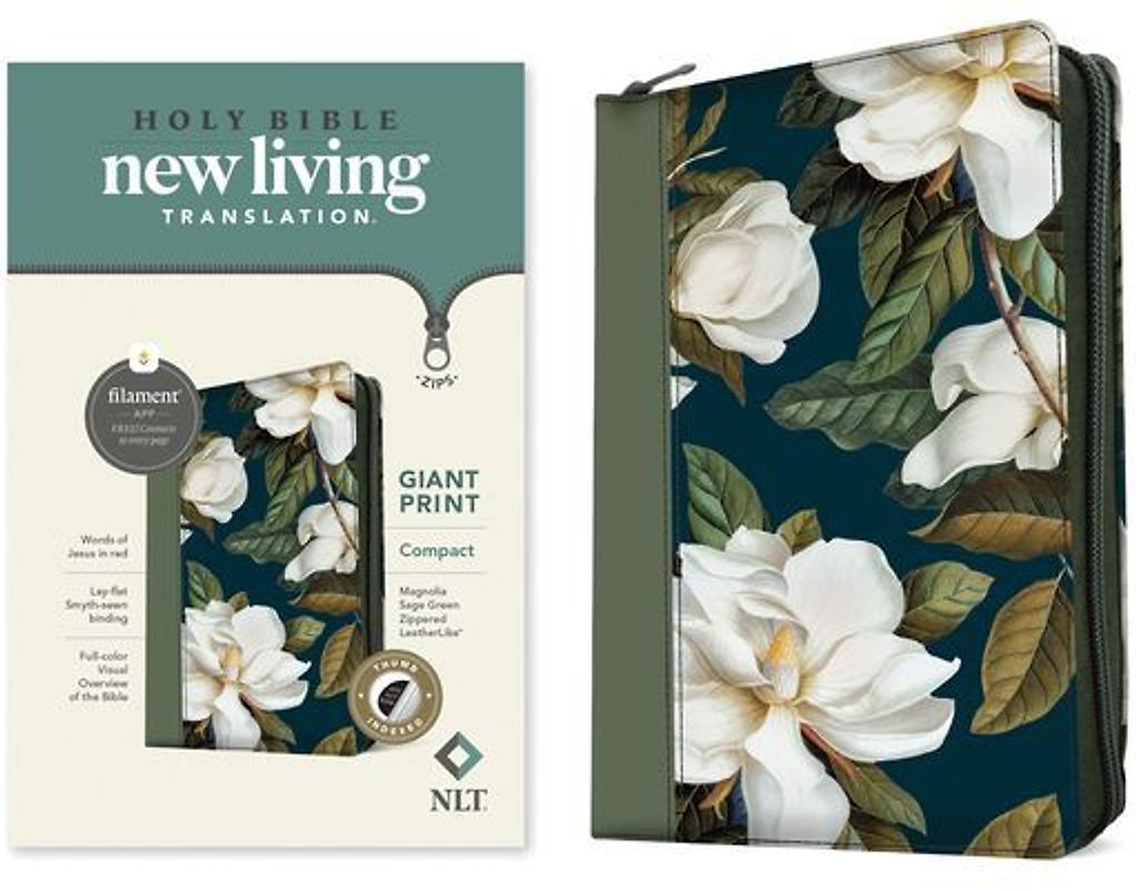 NLT Compact Giant Print Zipper Bible, Filament Enabled (Leatherlike, Magnolia Sage Green, Indexed, Red Letter)