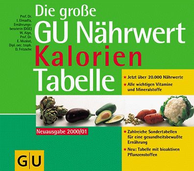 Die grosse GU Nährwert Kalorien Tabelle 2000/2001. Jetzt über 20000 Nährwerte. Alle wichtigen Vitamine und Mineralstoffe. Zahlreiche Sondertabellen für eine gesundheitsbewusste Ernährung. Tabelle mit bioaktiven Pflanzenstoffe.