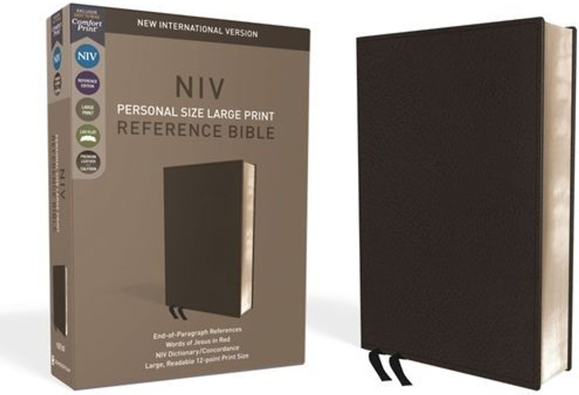 NIV, Personal Size Reference Bible, Large Print, Premium Leather, Black, Red Letter Edition, Comfort Print