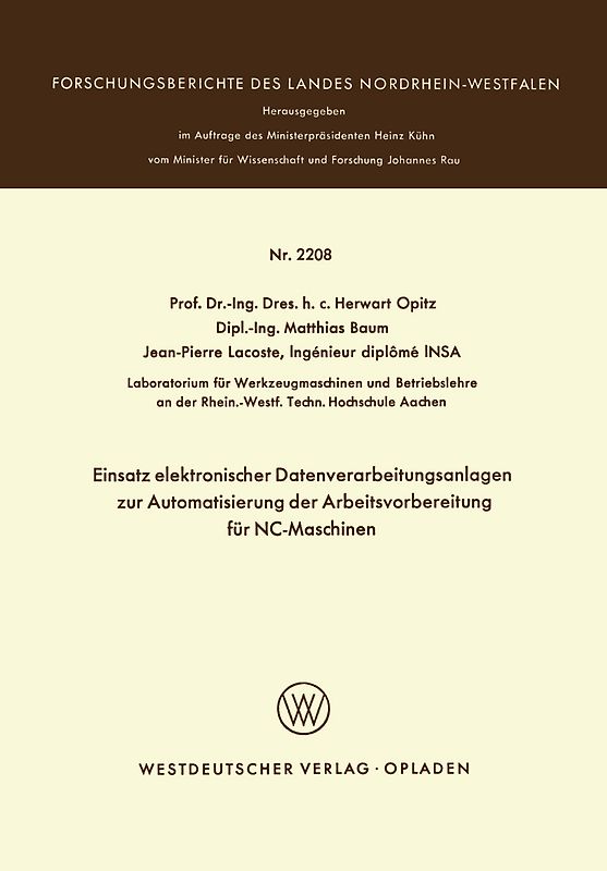Einsatz elektronischer Datenverarbeitungsanlagen zur Automatisierung der Arbeitsvorbereitung für NC-Maschinen