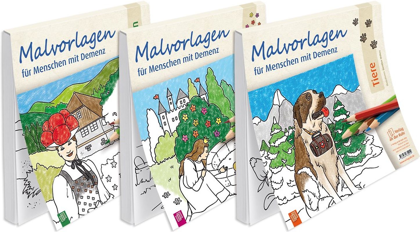 Paket "Malvorlagen für Menschen mit Demenz". Landschaften, Märchen, Tiere