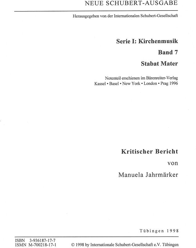 Neue Schubert-Ausgabe. Kritische Berichte / Kirchenmusik / Stabat mater