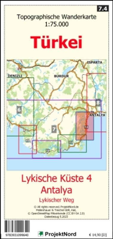 Lykische Küste 4 - Antalya - Lykischer Weg - Topographische Wanderkarte 1:75.000 Türkei (Blatt 7.4)