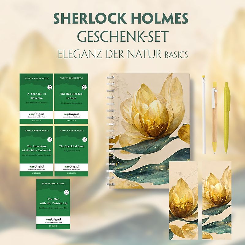 Sherlock Holmes Geschenkset - 5 Bücher (mit Audio-Online) + Eleganz der Natur Schreibset Basics