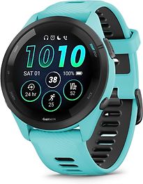 Garmin Forerunner 265 46 mm turkoois/zwart met een turkoois/zwart siliconen polsband
