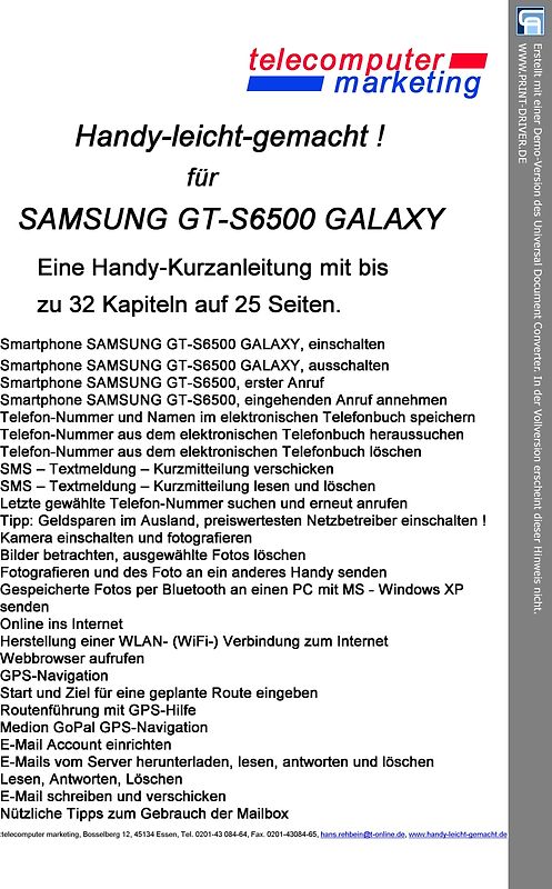 SAMSUNG GT-S6500 Galaxy leicht-gemacht. Handy-leicht-gemacht für SAMSUNG GT-S6500 Galaxy