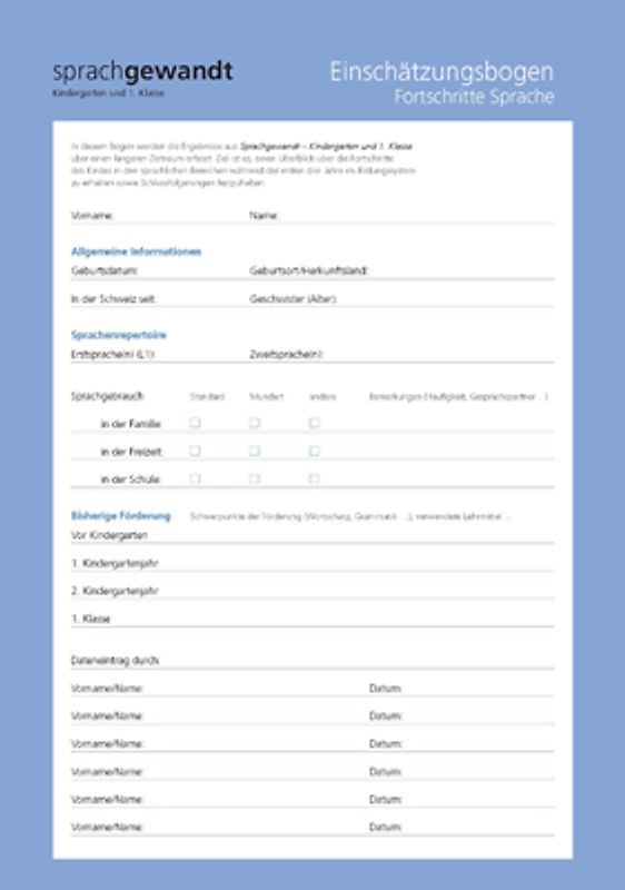 Sprachgewandt Kindergarten und 1. Klasse, Einschätzungsbogen Fortschritte Sprache