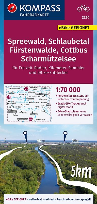 KOMPASS Fahrradkarte 3370 Spreewald, Schlaubetal, Fürstenwalde, Cottbus, Scharmützelsee mit Knotenpunkten 1:70.000