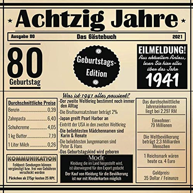 Achtzig Jahre Das Gästebuch: Zum 80 Geburtstag / Geburtsjahr 1941 / Retro Zeitung Design Mit Ereignissen Im Jahre 41 / Geschenk Und Geburtstagsdeko / Platz Für Glückwünsche Und Fotos