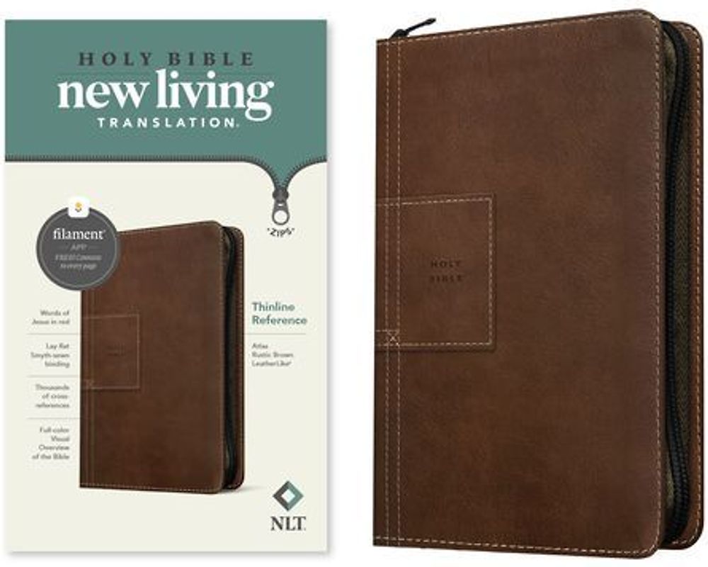 NLT Thinline Reference Zipper Bible, Filament Enabled (Leatherlike, Atlas Rustic Brown, Red Letter)