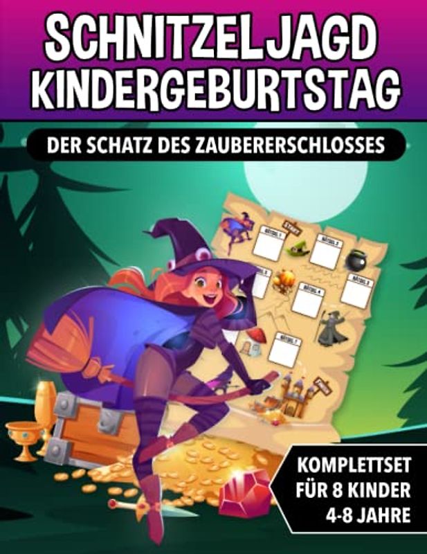 Schnitzeljagd Kindergeburtstag - Der Schatz des Zaubererschlosses: Schatzsuche für Kinder mit Zauberer und Hexen - Komplettset mit Schatzkarte, Rätseln, Einladungen, Urkunden und vieles mehr!