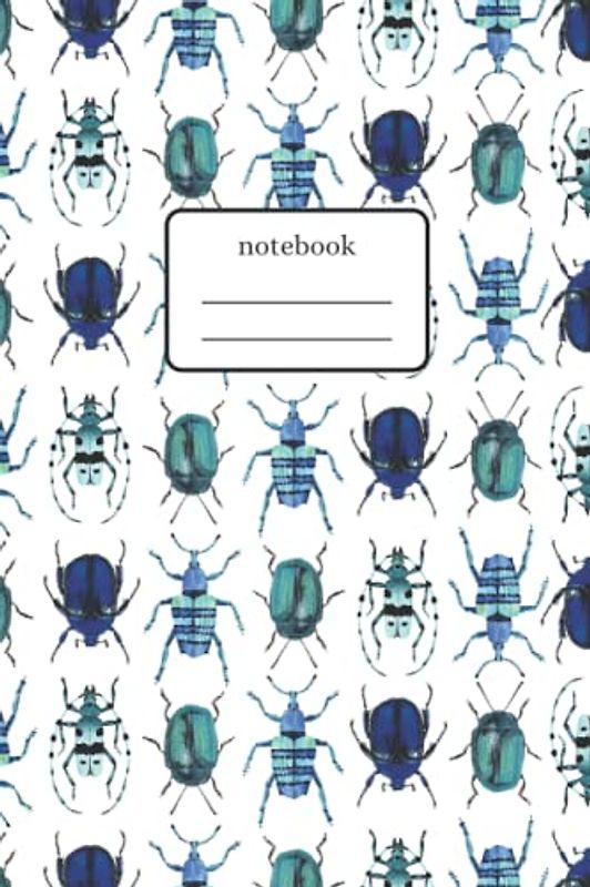 Notebook Beetles Blue Mix: Composition Notebook with Blue Beetles Art - Lined Notebook 120 Pages 6x9 inch - White Version