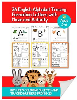 26 English Alphabet Tracing Formation Letters with Maze and Activity Includes Coloring Objects and Tracing Numbers from 1-20