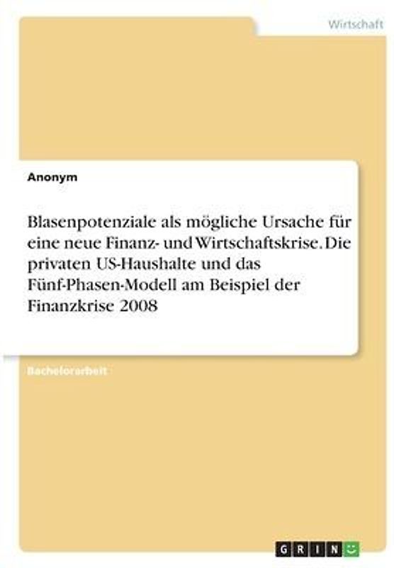 Blasenpotenziale als mögliche Ursache für eine neue Finanz- und Wirtschaftskrise. Die privaten US-Haushalte und das Fünf-Phasen-Modell am Beispiel der Finanzkrise 2008