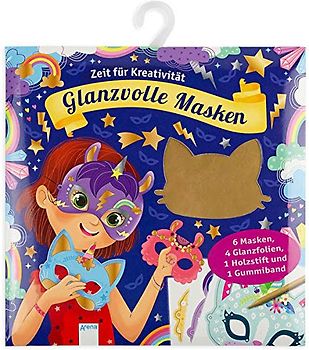 Krickel-Kratz-Malbilder. Glanzvolle Masken (6 Masken, 4 Glanzfolien, ein Holzstift und ein Gummiband)