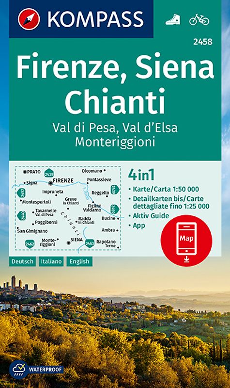 KOMPASS Wanderkarte 2458 Firenze, Siena, Chianti, Val di Pesa, Val d'Elsa, Monteriggioni 1:50.000