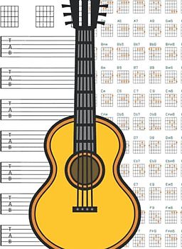 Guitar Tab Notebook: lank Guitar Tablature Writing Paper with guitar cord fingering chart