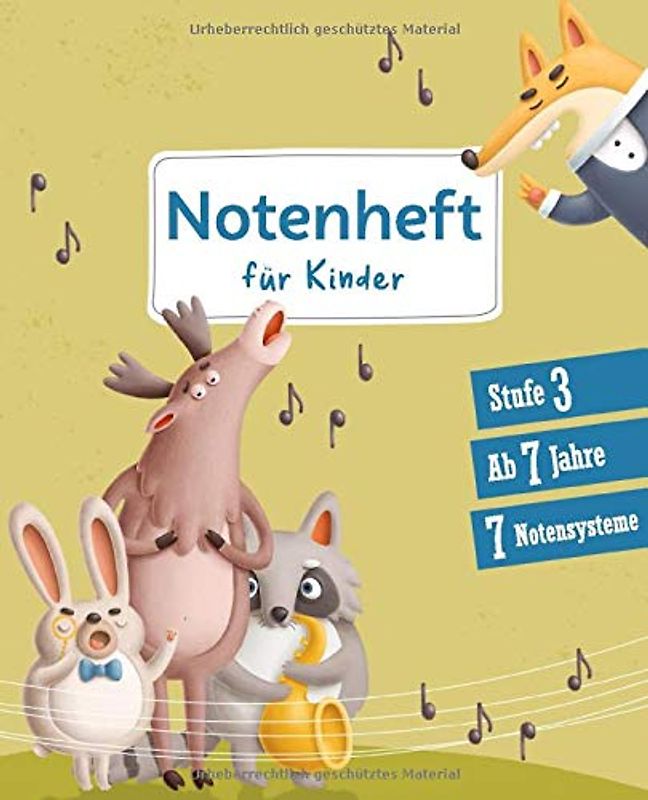 Notenheft für Kinder: Stufe 3 | ab 7 Jahre | 7 Notensysteme | Heft mit großen kindgerechten Notenlinen und zusätzlichen Hilfslinien zwischen den Notensystemen