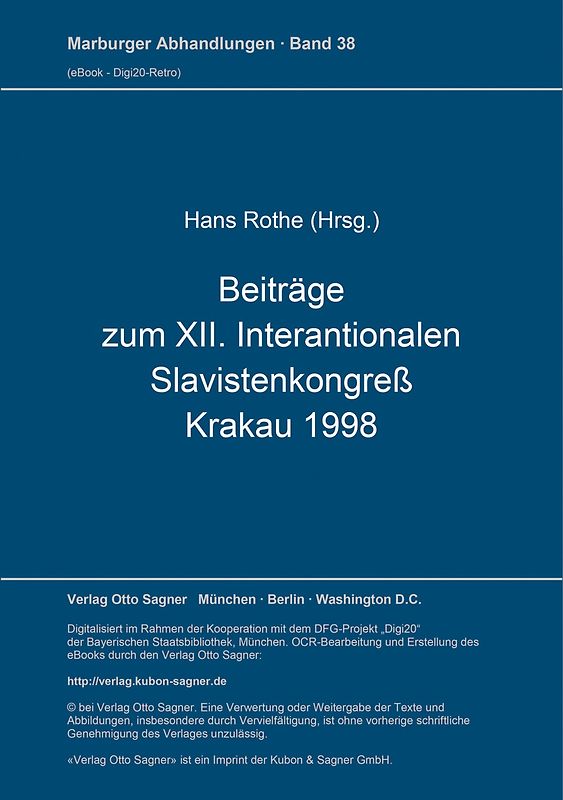 Beiträge zum XII. Internationalen Slavistenkongreß, Krakau 1998
