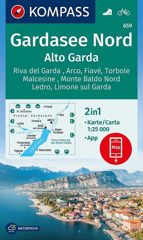 KOMPASS Wanderkarte 659 Gardasee Nord / Alto Garda, Riva del Garda, Arco, Fiavé, Torbole, Malcesine, Monte Baldo Nord, Ledro, Limone sul Garda 1:25.000