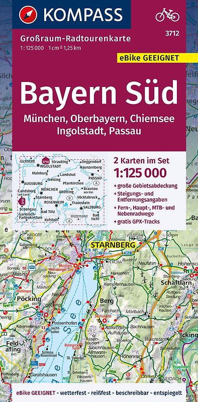 KOMPASS Großraum-Radtourenkarte 3712 Bayern Süd, Oberbayern, Chiemsee, Ingolstadt, Passau, München, 1:125.000