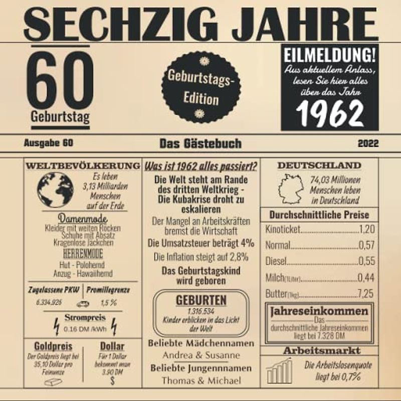 Sechzig Jahre Das Gästebuch: Zum 60 Geburtstag / Geburtsjahr 1962 / Zeitung Design Mit Ereignissen Im Jahre 62 / Geschenk Und Geburtstagsdeko / Platz Für Glückwünsche Und Fotos