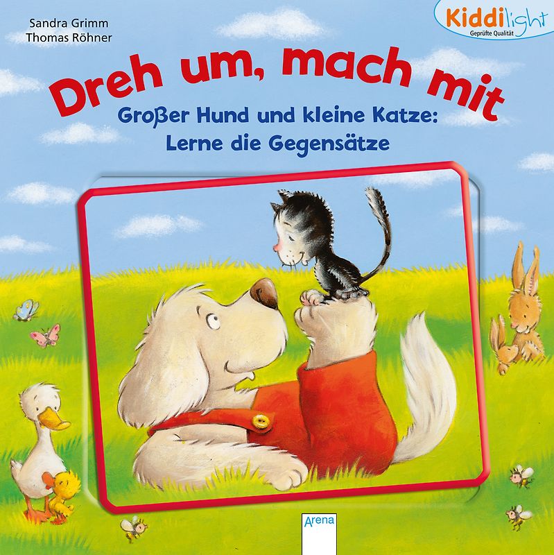 Großer Hund und kleine Katze. Lerne die Gegensätze. Dreh um, mach mit. Kiddilight