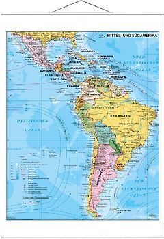Mittel- und Südamerika politisch 1 :7.0.000 000. Wandkarte mit Metallbeleistung