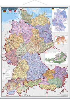 Deutschland/Österreich/Schweiz Postleitzahlen- und Organisationskarte. Wandkarte mit Metallbeleistung