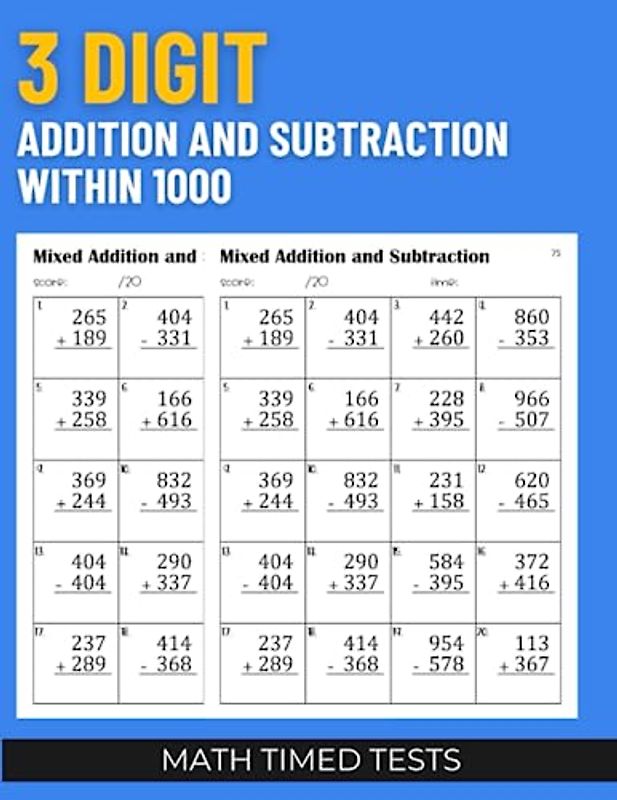 Math Timed Tests: 3 Digit Addition and Subtraction within 1000