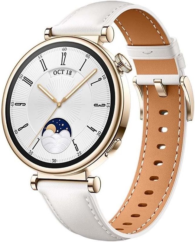 Huawei Watch GT 4 41 mm gold am Lederarmband weiß