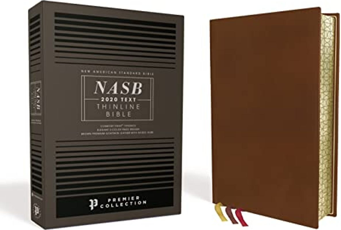 NASB, Thinline Bible, Premium Goatskin Leather, Brown, Premier Collection, Black Letter, Gauffered Edges, 2020 Text, Comfort Print