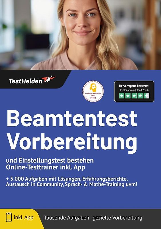 Beamtentest Vorbereitung und Einstellungstest bestehen: Online-Testtrainer inkl. App | + 5.000 Aufgaben mit Lösungen, Erfahrungsberichte, Austausch in Community, Sprach- & Mathe-Training uvm!
