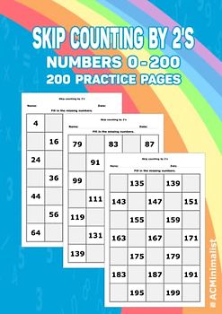 Skip Counting by 2's. Numbers 0 - 200. 200 Practice Pages: Write the Missing Numbers. Counting by 2's to 200. Counting by twos.