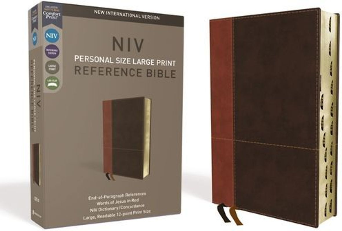 NIV, Personal Size Reference Bible, Large Print, Imitation Leather, Brown, Indexed, Red Letter Edition, Comfort Print