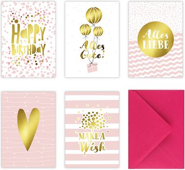 5 Geburtstagskarten im Set inkl. Umschläge in pink. Rosa Glückwunschkarten zum in DIN A6 mit edler Folienprägung in Gold. Klappkarten zum Geburtstag, Hochzeit, Geburt, Firmung, Konfirmation