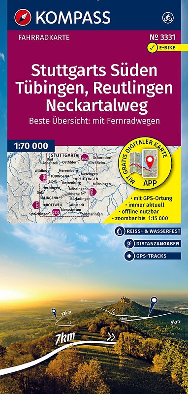 KOMPASS Fahrradkarte 3331 Stuttgarts Süden, Tübingen, Reutlingen, Neckartalweg 1:70.000